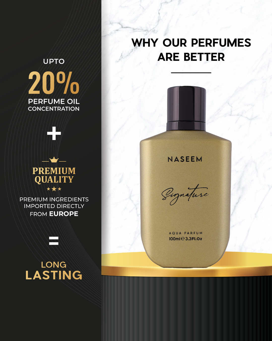 Naseem signature gold 100ml, shown in a premium banner with claims of up to 20% perfume oil concentration, premium European ingredients, and long-lasting masculine fragrance.