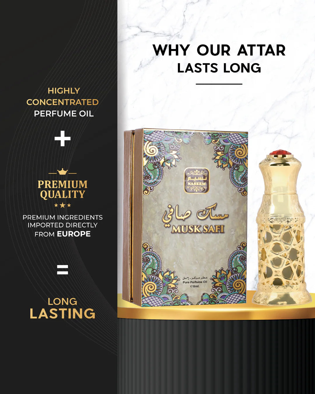 Musk Safi Attar by Naseem showcased with elegant packaging and golden perfume bottle, highlighting long-lasting fragrance made with highly concentrated perfume oil, premium quality ingredients, and European imports