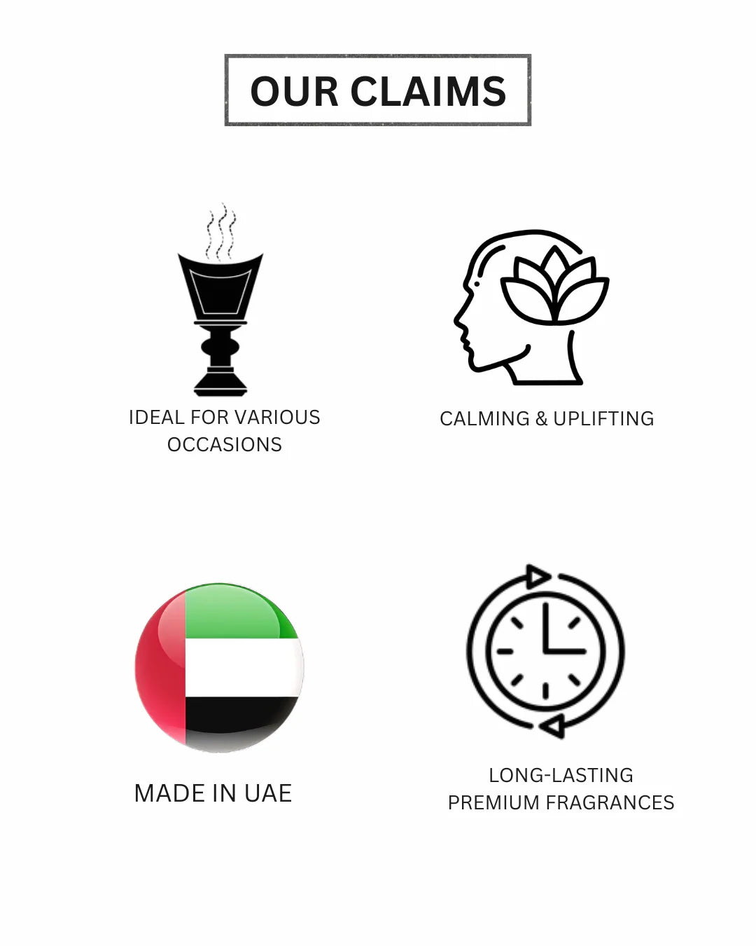Naseem Bakhoor product claims highlighting calming and uplifting aroma,  long-lasting premium fragrance, made in UAE, and suitability for various occasions.